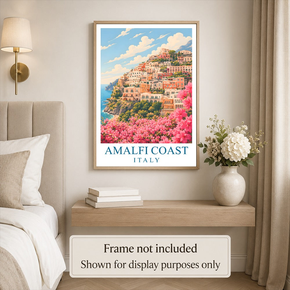 Pink Amalfi Coast Italy Travel Poster Pink Floral Coastal Town Landscape Painting Wall Art Decor For Home Living Room Office Bedroom Vacation Souvenir Print Unframed | teecentury