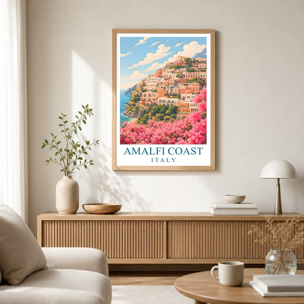 Pink Amalfi Coast Italy Travel Poster Pink Floral Coastal Town Landscape Painting Wall Art Decor For Home Living Room Office Bedroom Vacation Souvenir Print Unframed | teecentury