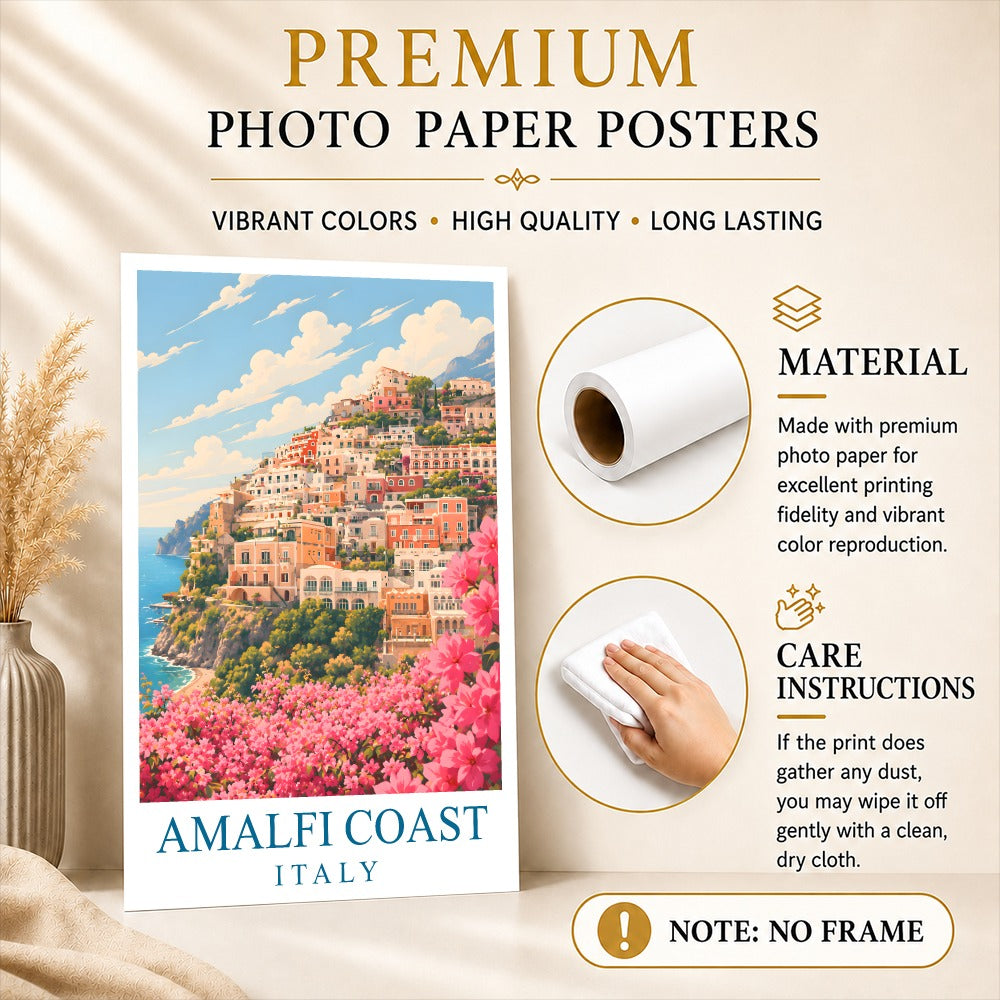 Pink Amalfi Coast Italy Travel Poster Pink Floral Coastal Town Landscape Painting Wall Art Decor For Home Living Room Office Bedroom Vacation Souvenir Print Unframed | teecentury