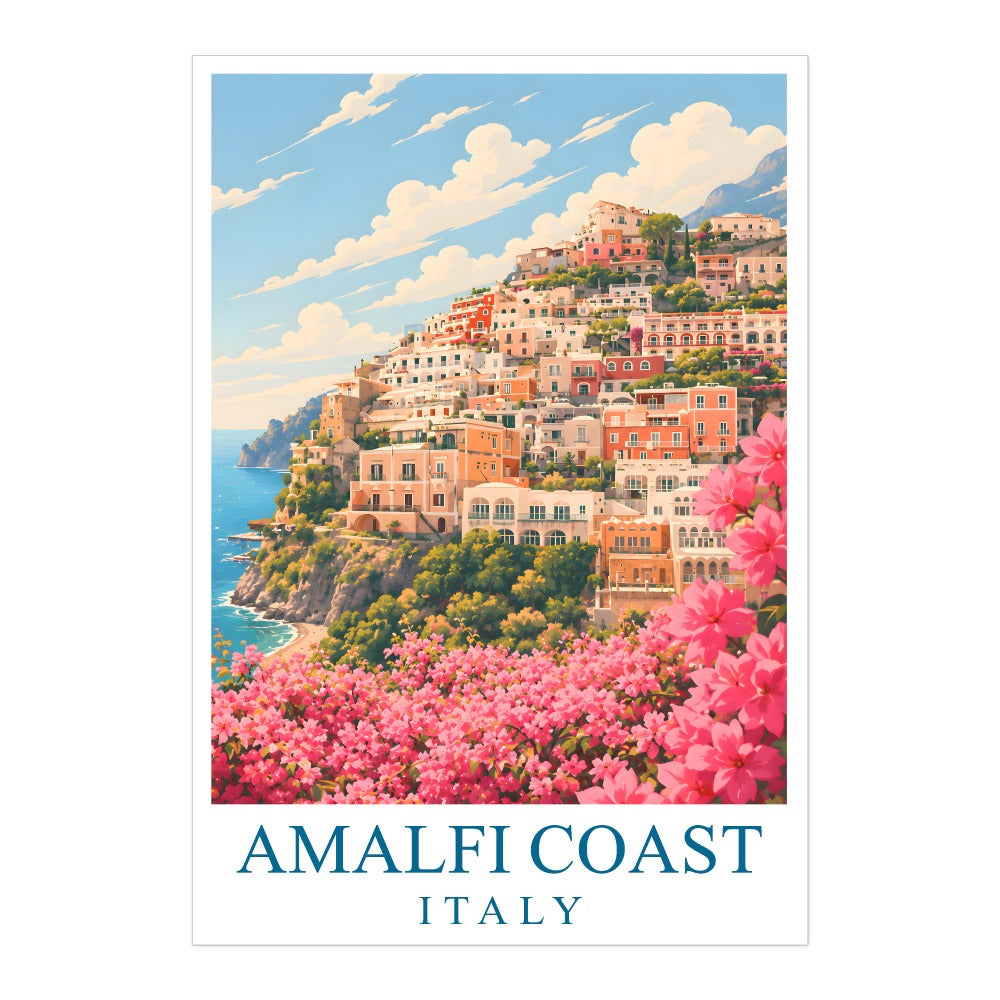 Pink Amalfi Coast Italy Travel Poster Pink Floral Coastal Town Landscape Painting Wall Art Decor For Home Living Room Office Bedroom Vacation Souvenir Print Unframed | teecentury