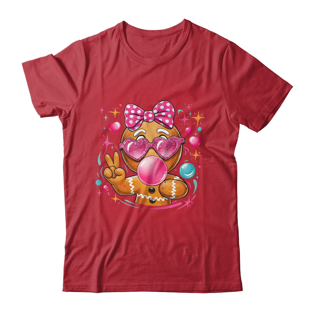 Pink Gingerbread Girl With Sunglasses Blowing Bubble Xmas Shirt & Sweatshirt | teecentury