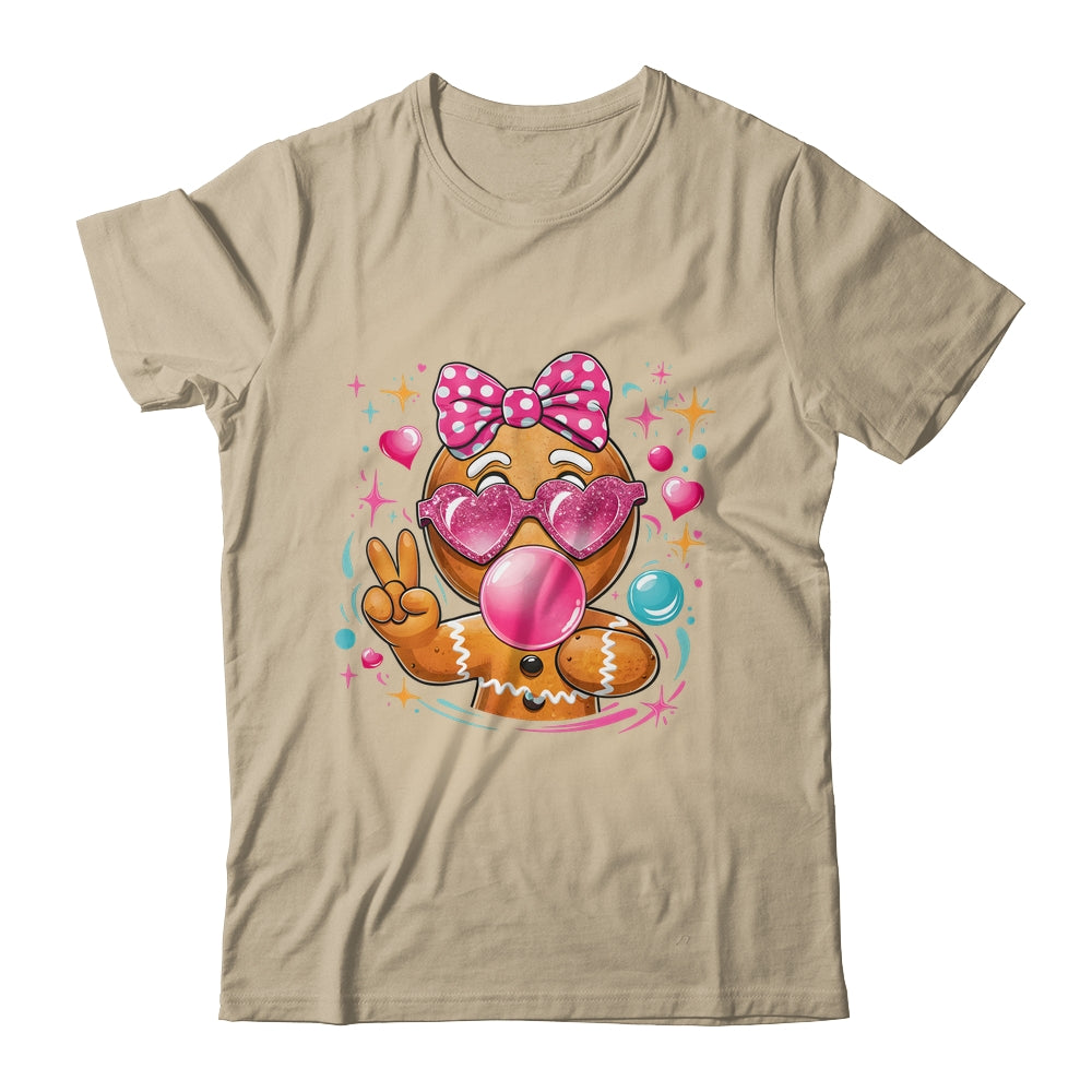 Pink Gingerbread Girl With Sunglasses Blowing Bubble Xmas Shirt & Sweatshirt | teecentury