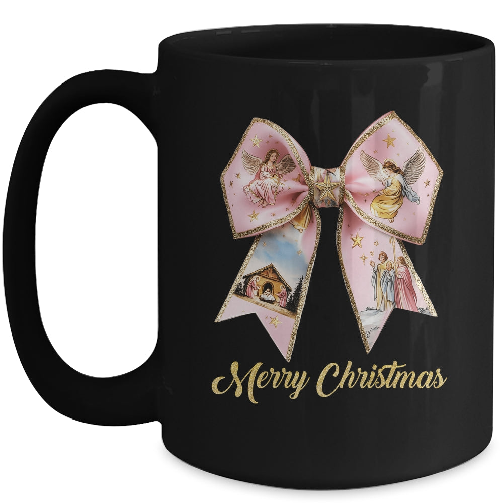 Pink Jesus Merry Christmas Coquette Bow Christmas Nativity Mug | teecentury