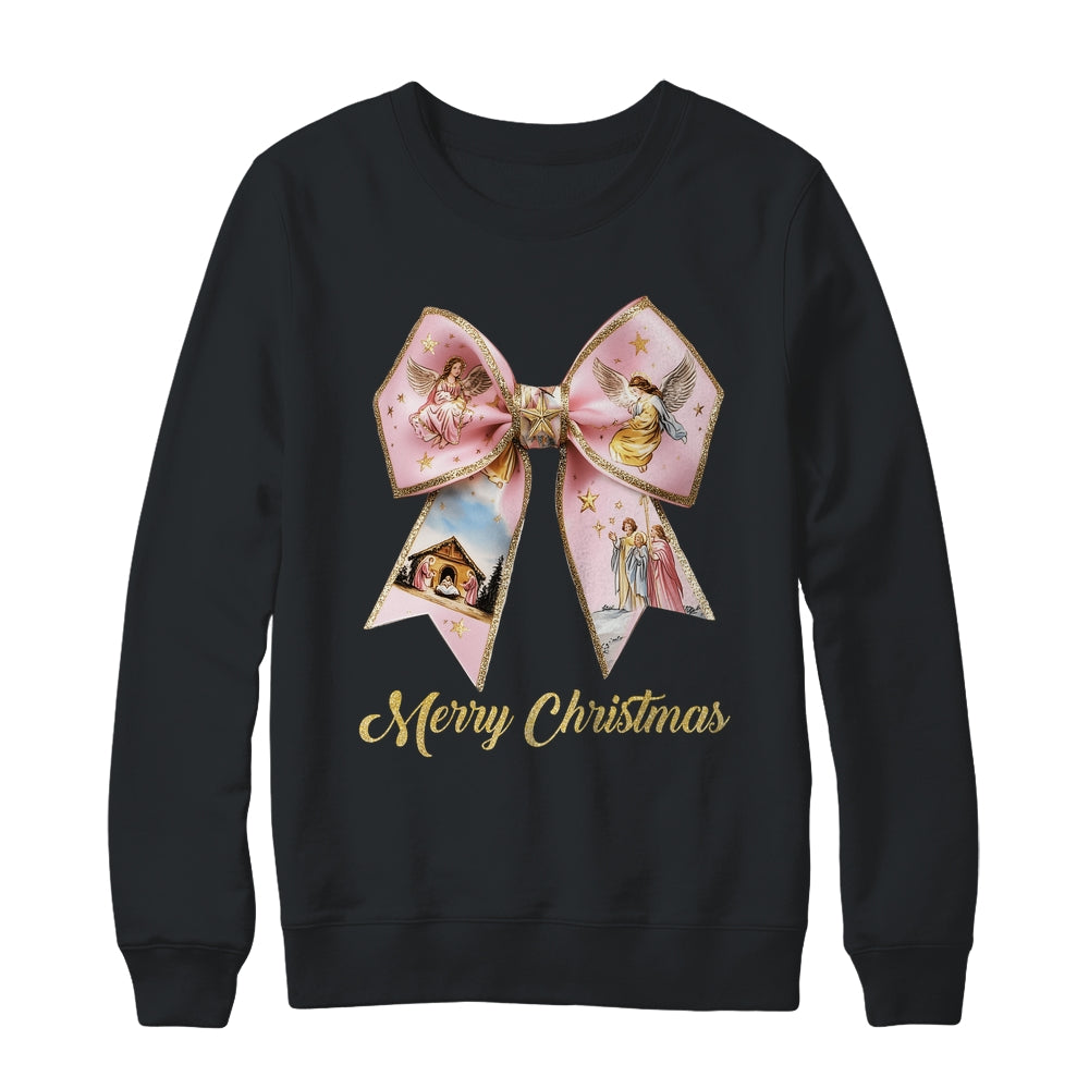 Pink Jesus Merry Christmas Coquette Bow Christmas Nativity Shirt & Sweatshirt | teecentury