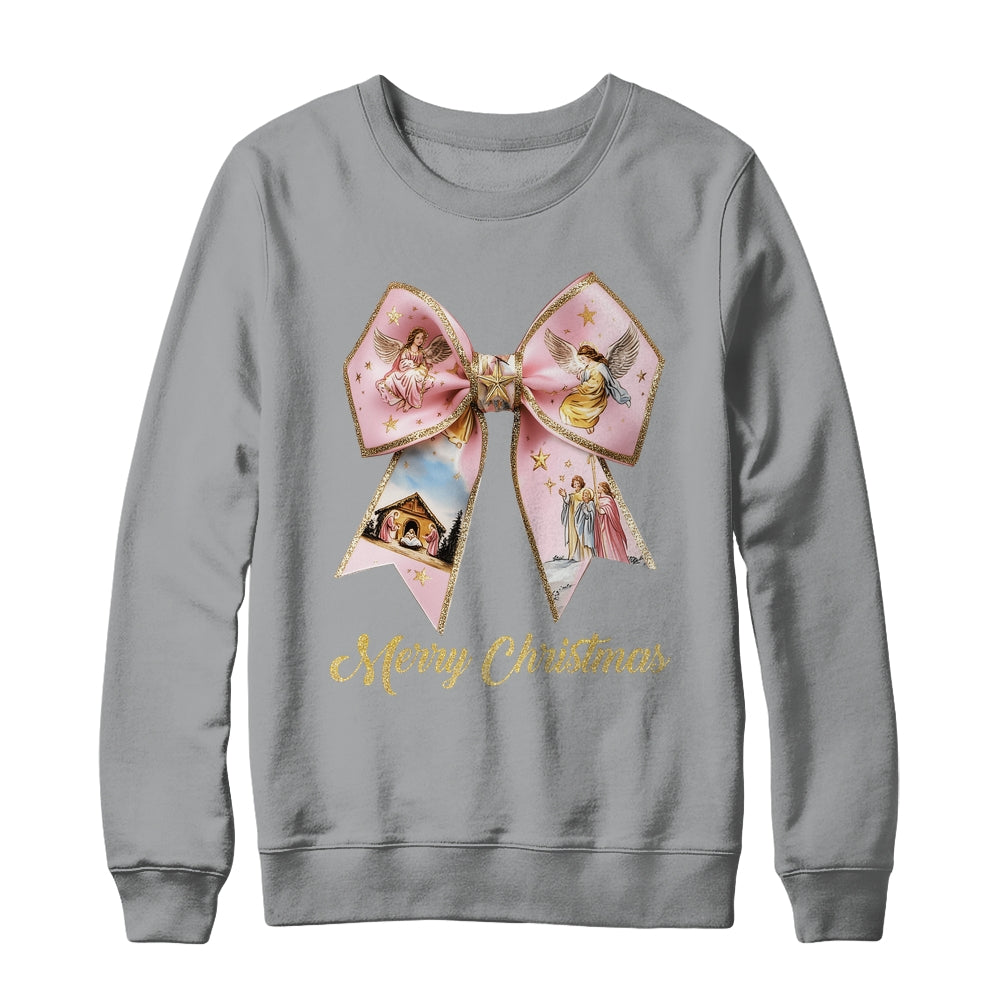 Pink Jesus Merry Christmas Coquette Bow Christmas Nativity Shirt & Sweatshirt | teecentury