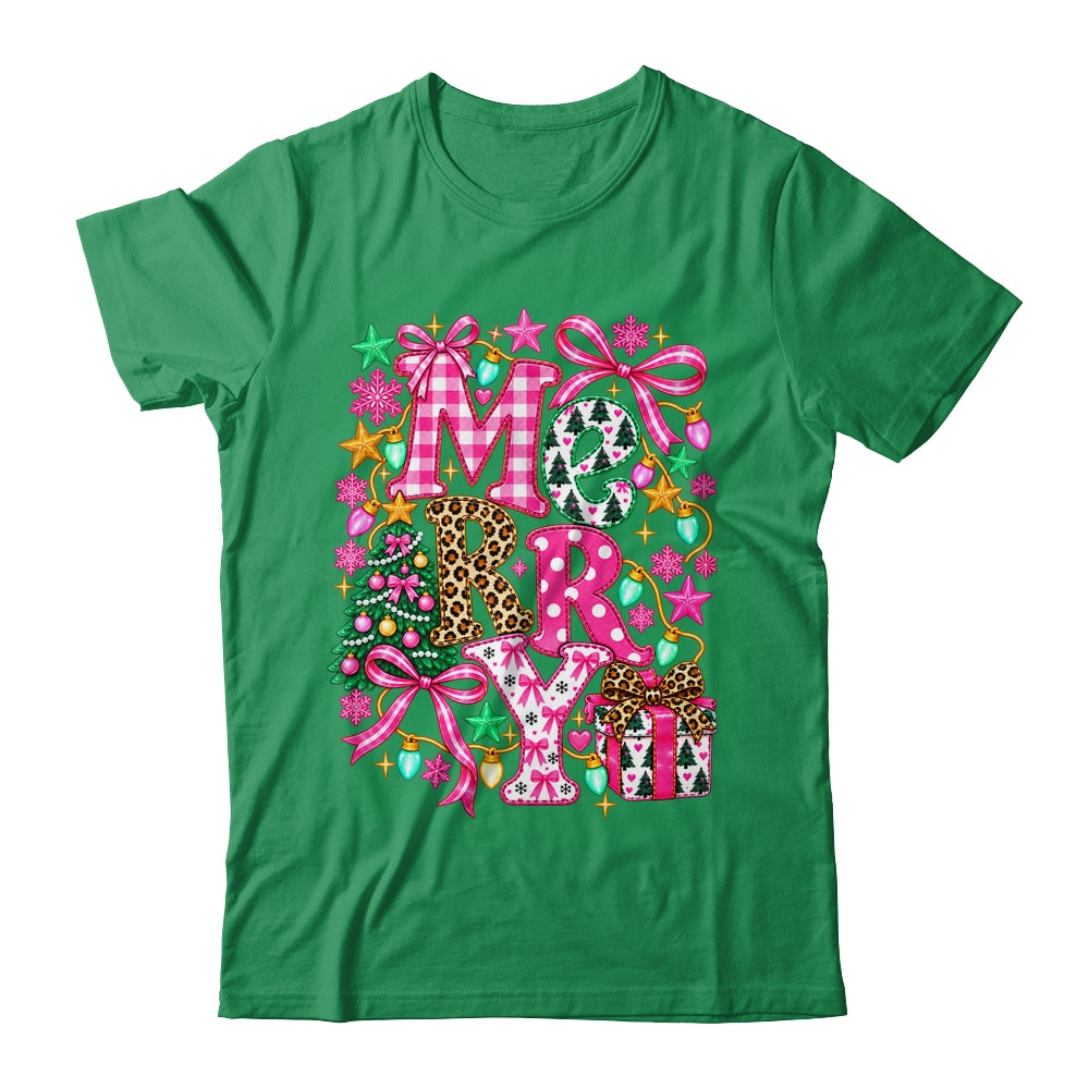 Pink Merry Christmas Leopard Bow Tree Holiday Women Girls Shirt & Sweatshirt | teecentury