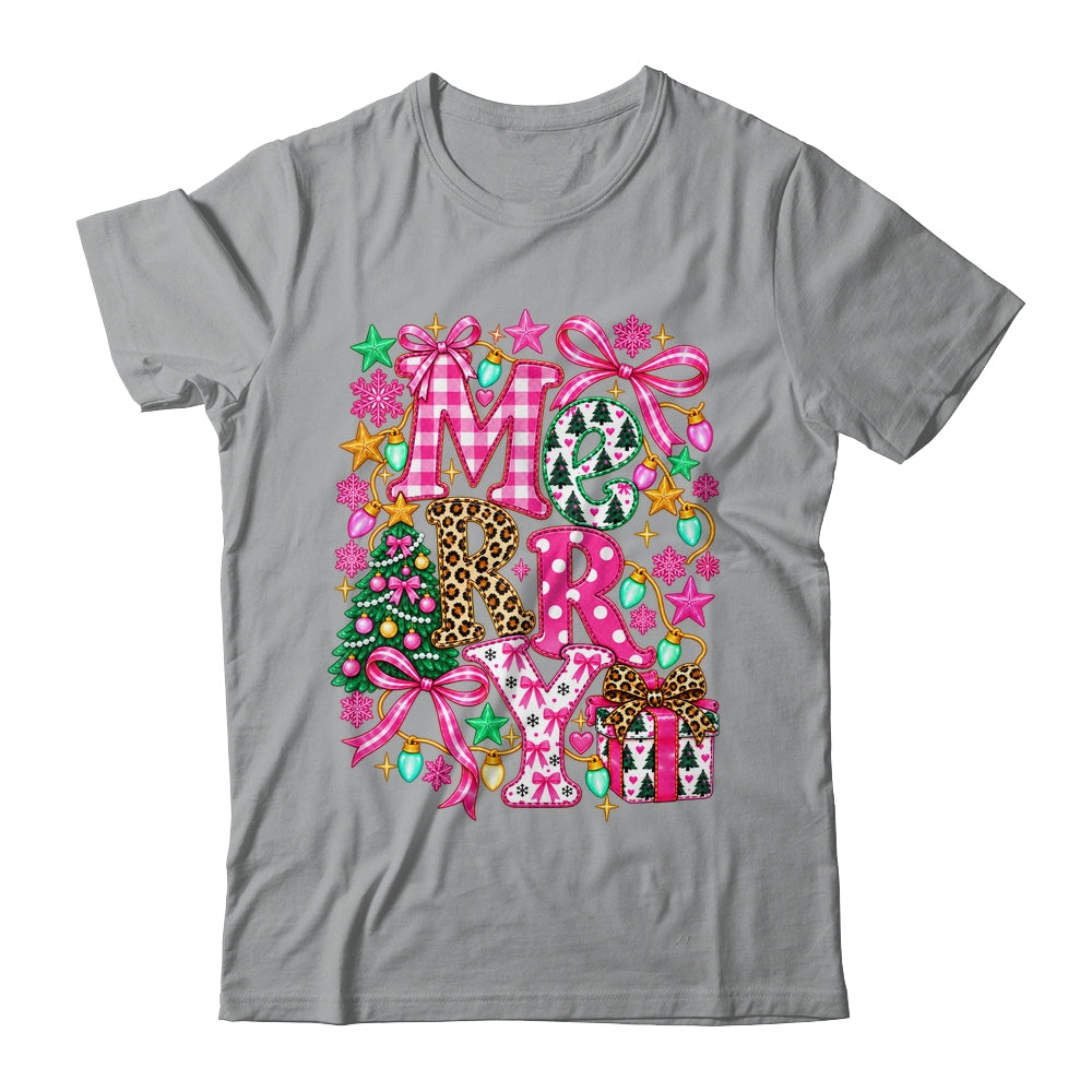 Pink Merry Christmas Leopard Bow Tree Holiday Women Girls Shirt & Sweatshirt | teecentury