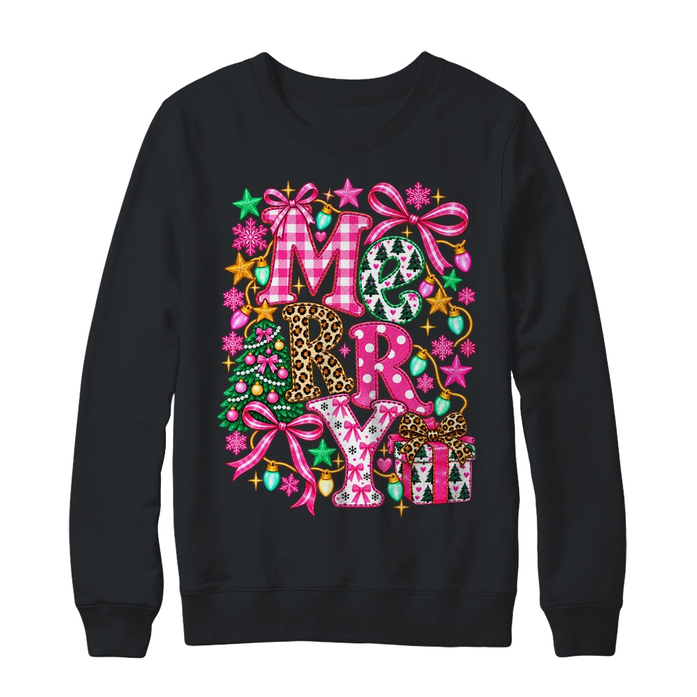 Pink Merry Christmas Leopard Bow Tree Holiday Women Girls Shirt & Sweatshirt | teecentury