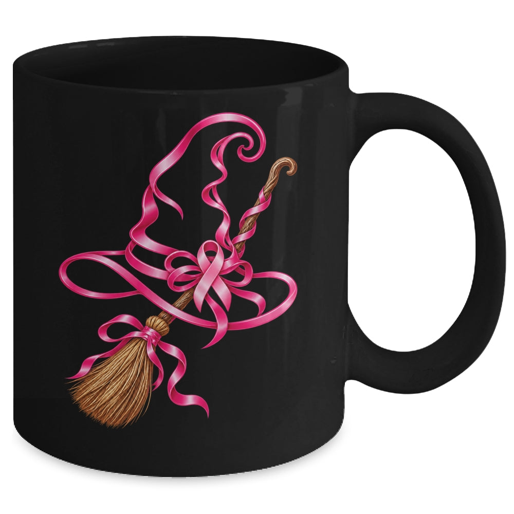 Pink Ribbon Witch Hat Broom Breast Cancer Halloween Awarenes Mug | teecentury