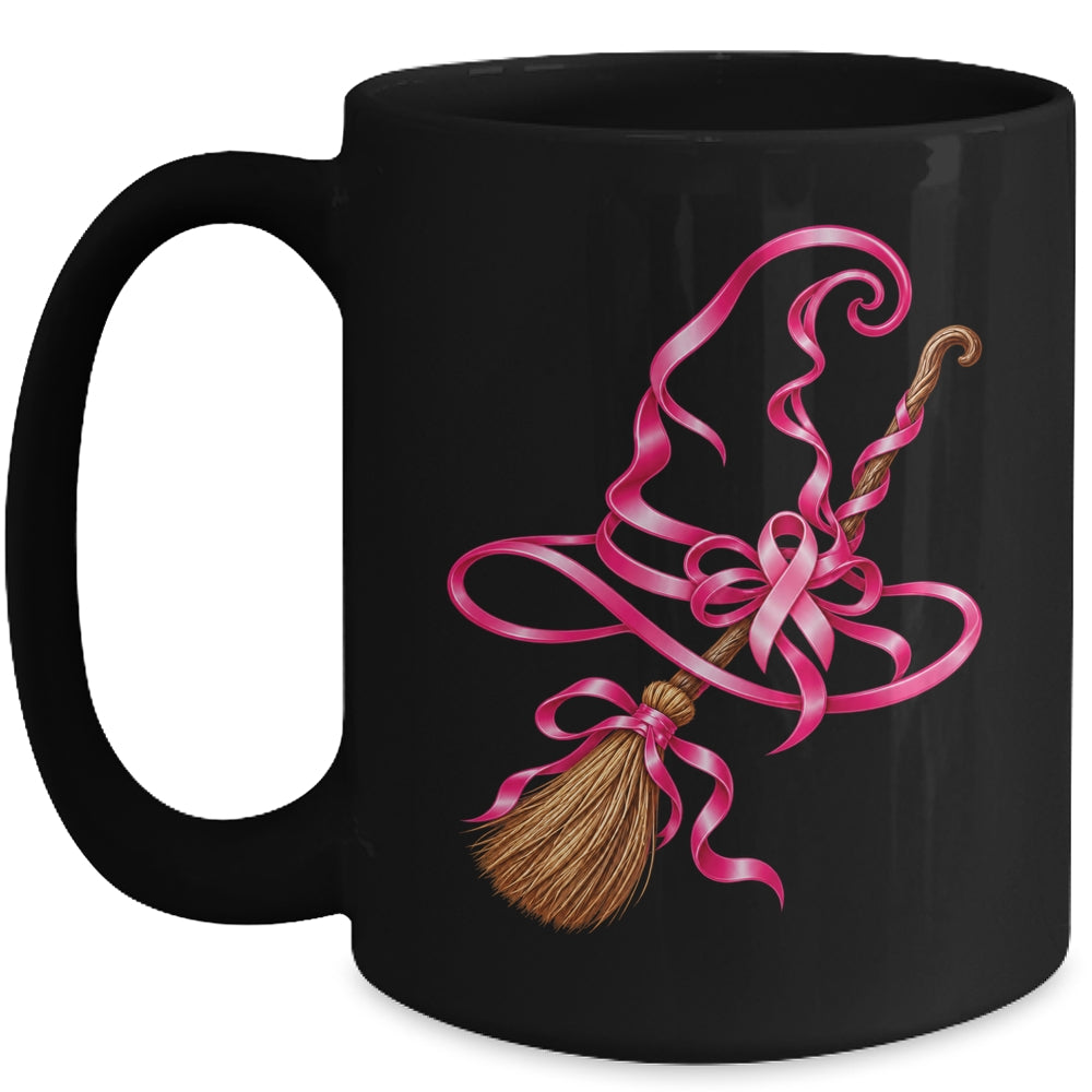Pink Ribbon Witch Hat Broom Breast Cancer Halloween Awarenes Mug | teecentury