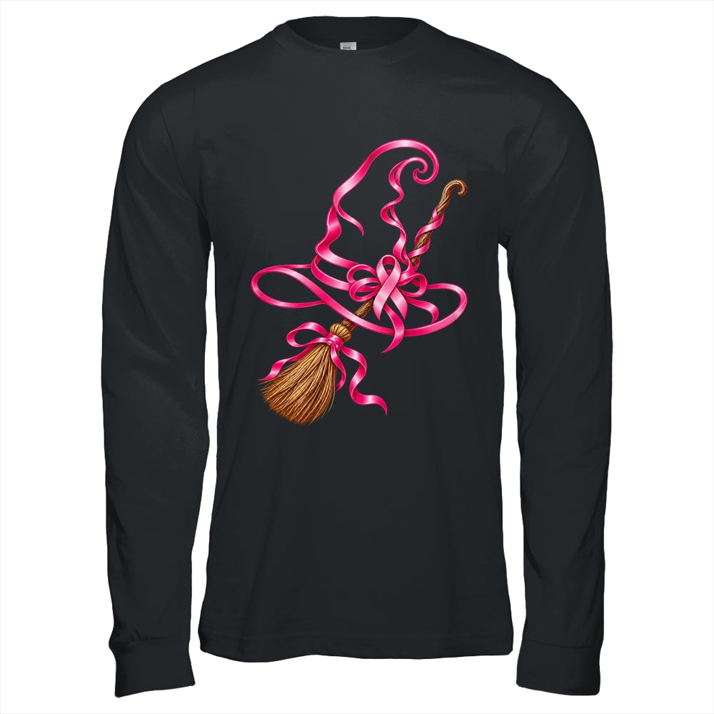Pink Ribbon Witch Hat Broom Breast Cancer Halloween Awarenes Shirt & Hoodie | teecentury