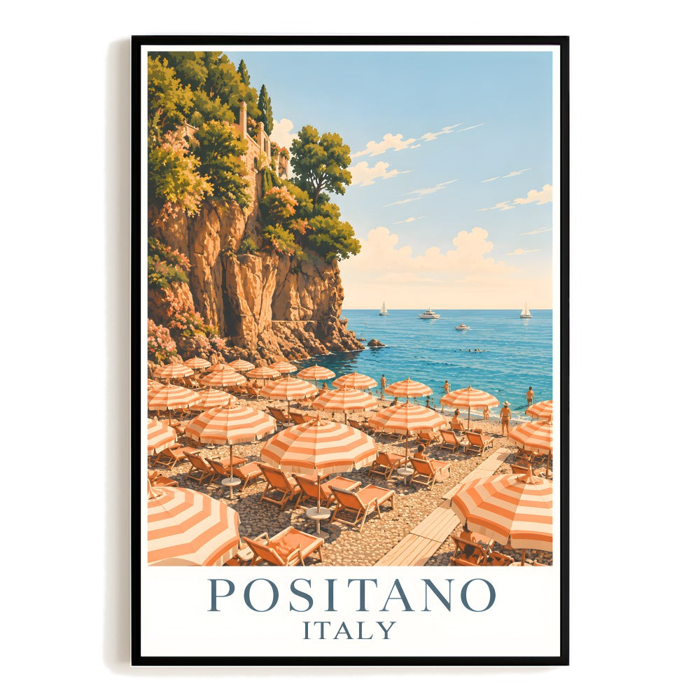 Positano Italy Amalfi Coast Beach Wall Art Summer Coastal Landscape Print Orange Striped Umbrellas Vintage Travel Poster Home Living Room Bedroom Office Decor Unframed | teecentury