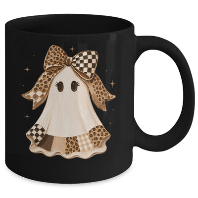 Preppy Coquette Ghost Bow Checkered Leopard Print Halloween Mug | teecentury