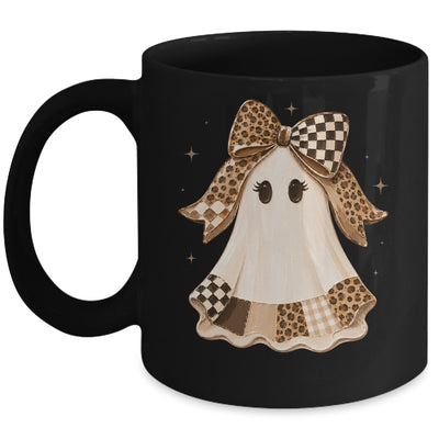 Preppy Coquette Ghost Bow Checkered Leopard Print Halloween Mug | teecentury