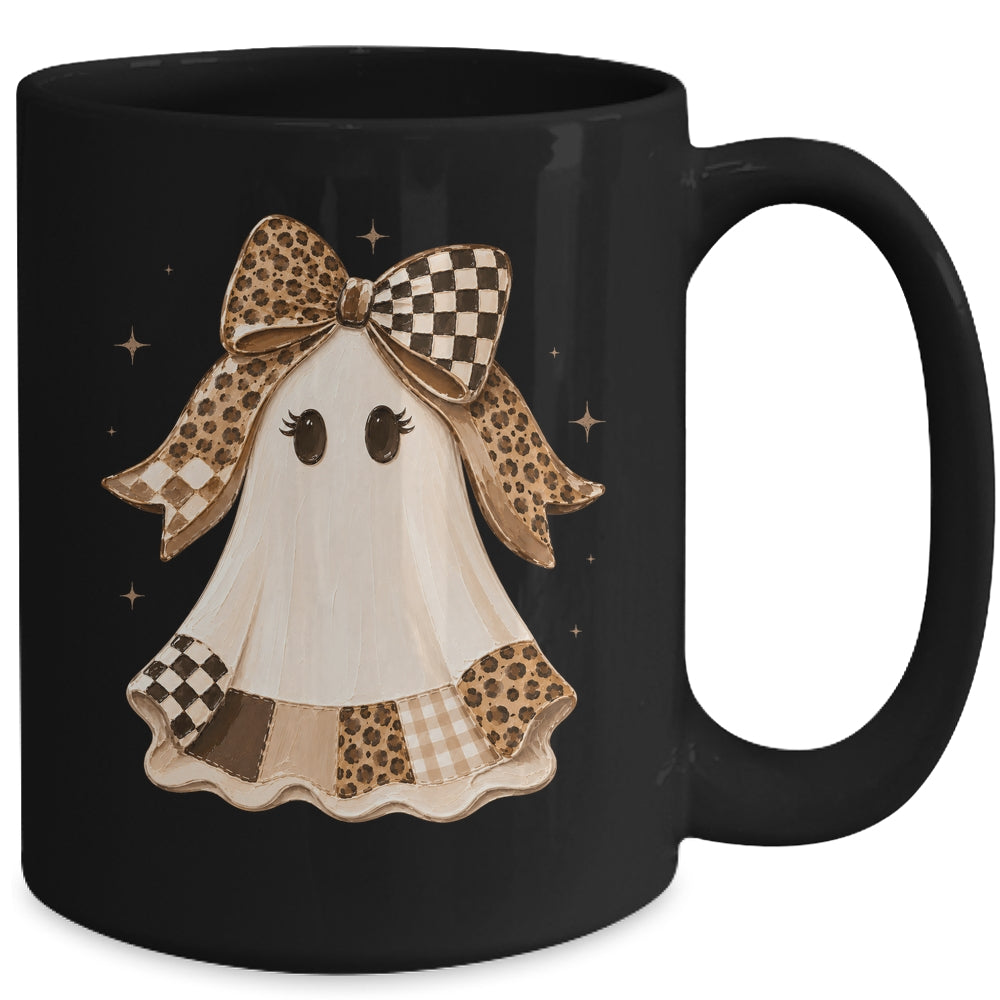 Preppy Coquette Ghost Bow Checkered Leopard Print Halloween Mug | teecentury
