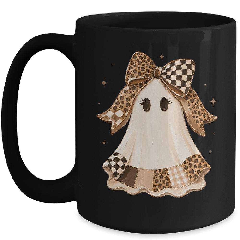 Preppy Coquette Ghost Bow Checkered Leopard Print Halloween Mug | teecentury