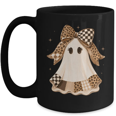 Preppy Coquette Ghost Bow Checkered Leopard Print Halloween Mug | teecentury