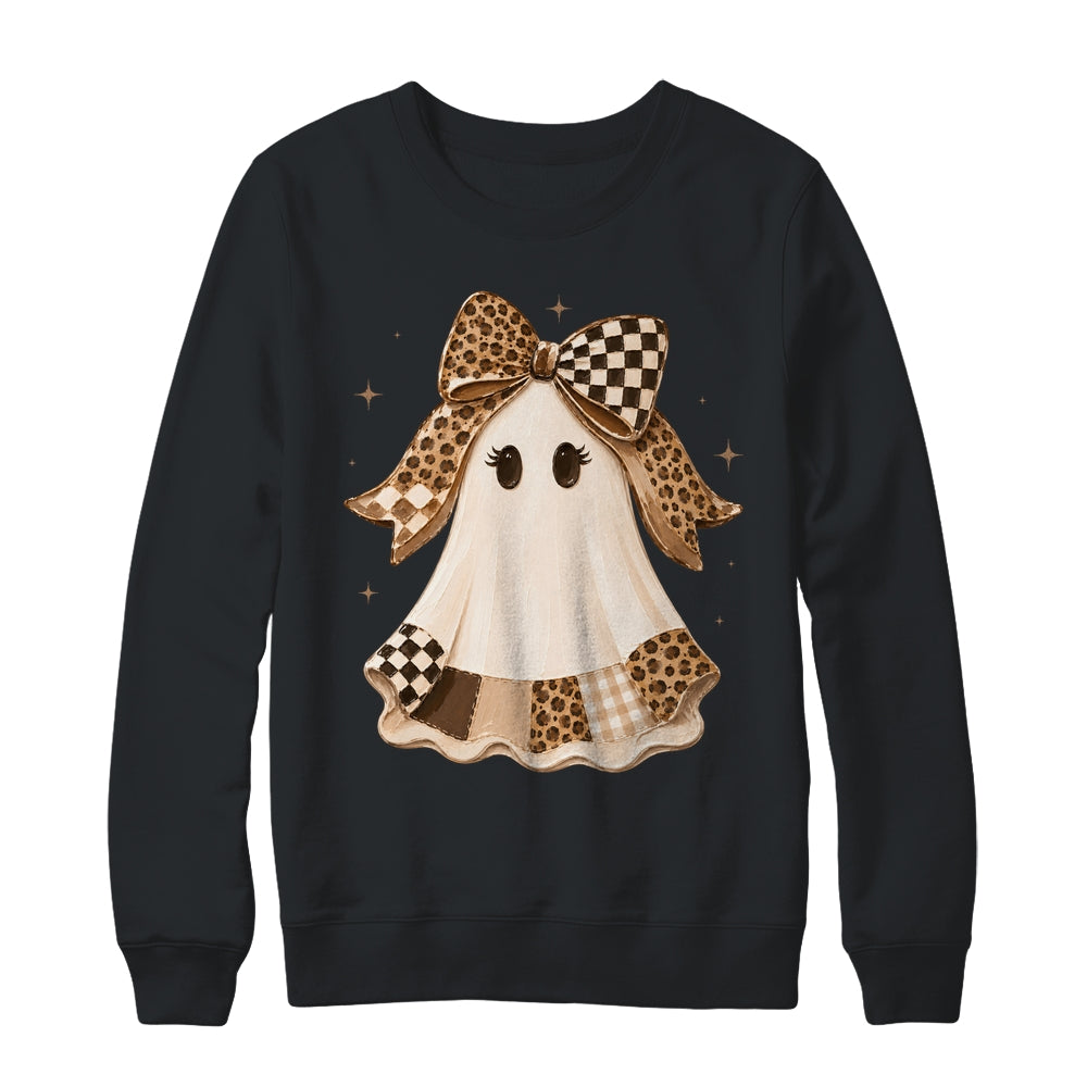 Preppy Coquette Ghost Bow Checkered Leopard Print Halloween Shirt & Sweatshirt | teecentury