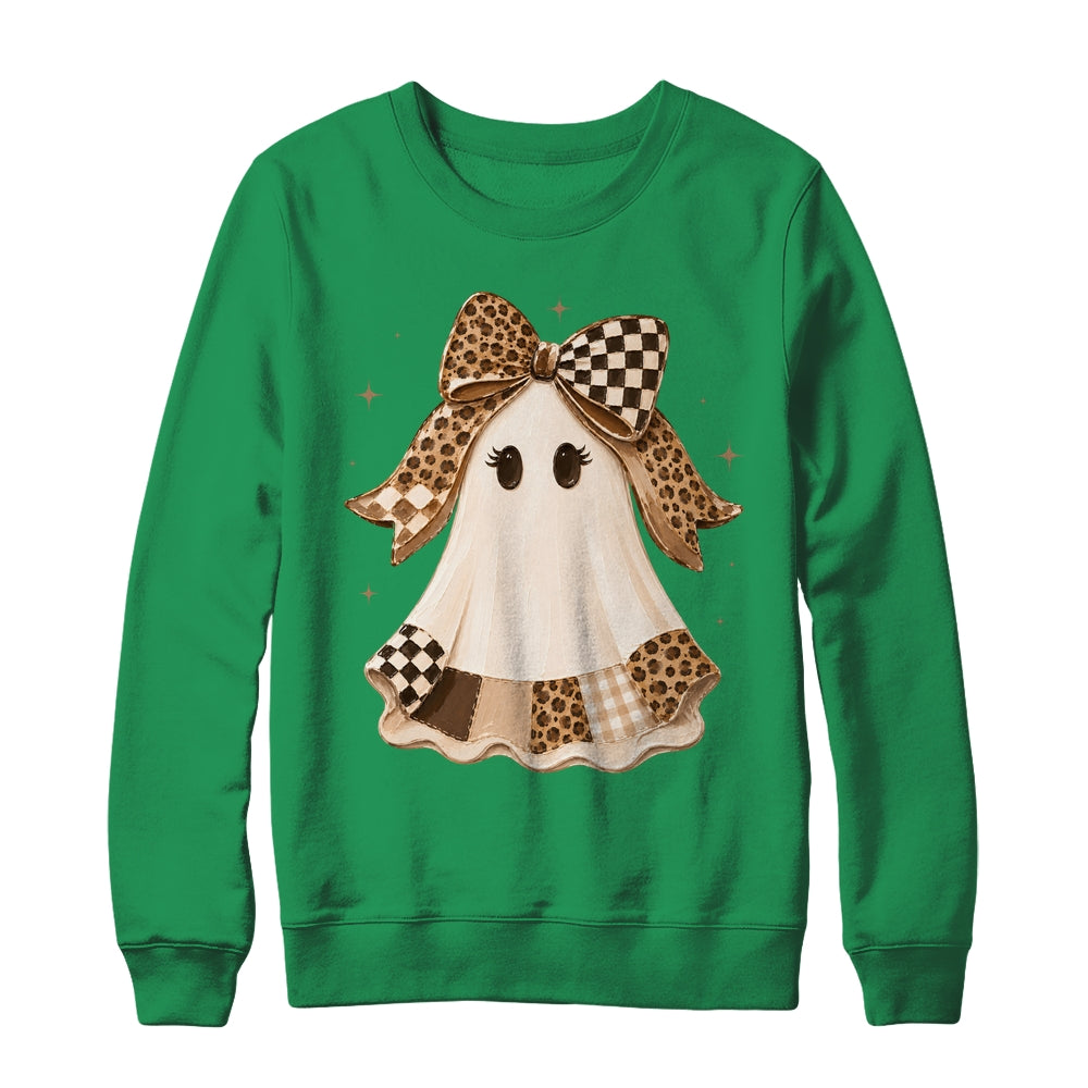 Preppy Coquette Ghost Bow Checkered Leopard Print Halloween Shirt & Sweatshirt | teecentury