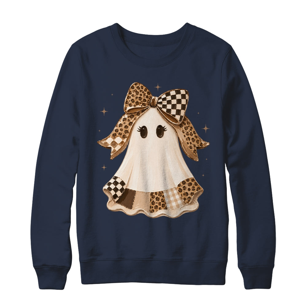 Preppy Coquette Ghost Bow Checkered Leopard Print Halloween Shirt & Sweatshirt | teecentury