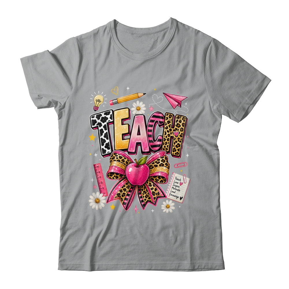 Preppy Leopard Teach Coquette Bow Leopard Back To School Shirt & Hoodie | teecentury