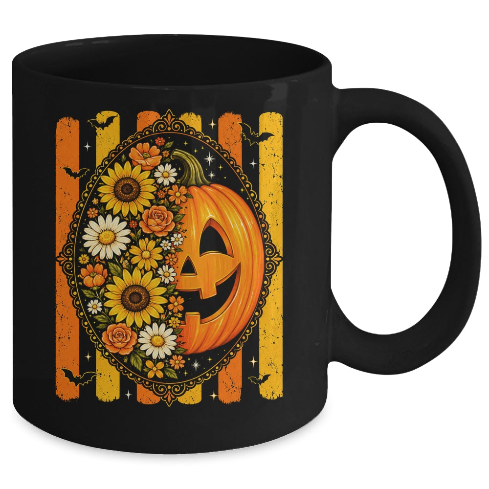 Preppy Pumpkin Floral Fall Autumn Design Striped Halloween Mug | teecentury