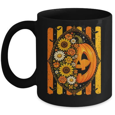 Preppy Pumpkin Floral Fall Autumn Design Striped Halloween Mug | teecentury
