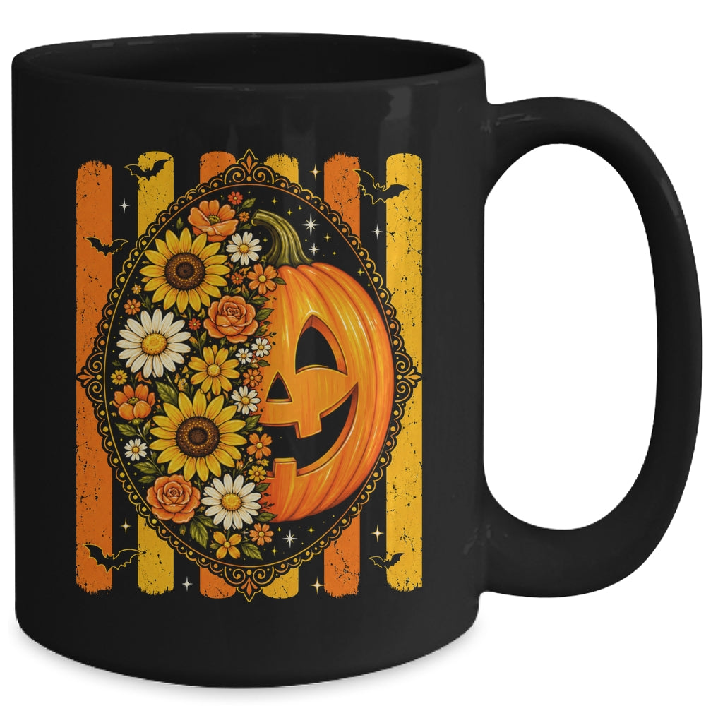 Preppy Pumpkin Floral Fall Autumn Design Striped Halloween Mug | teecentury