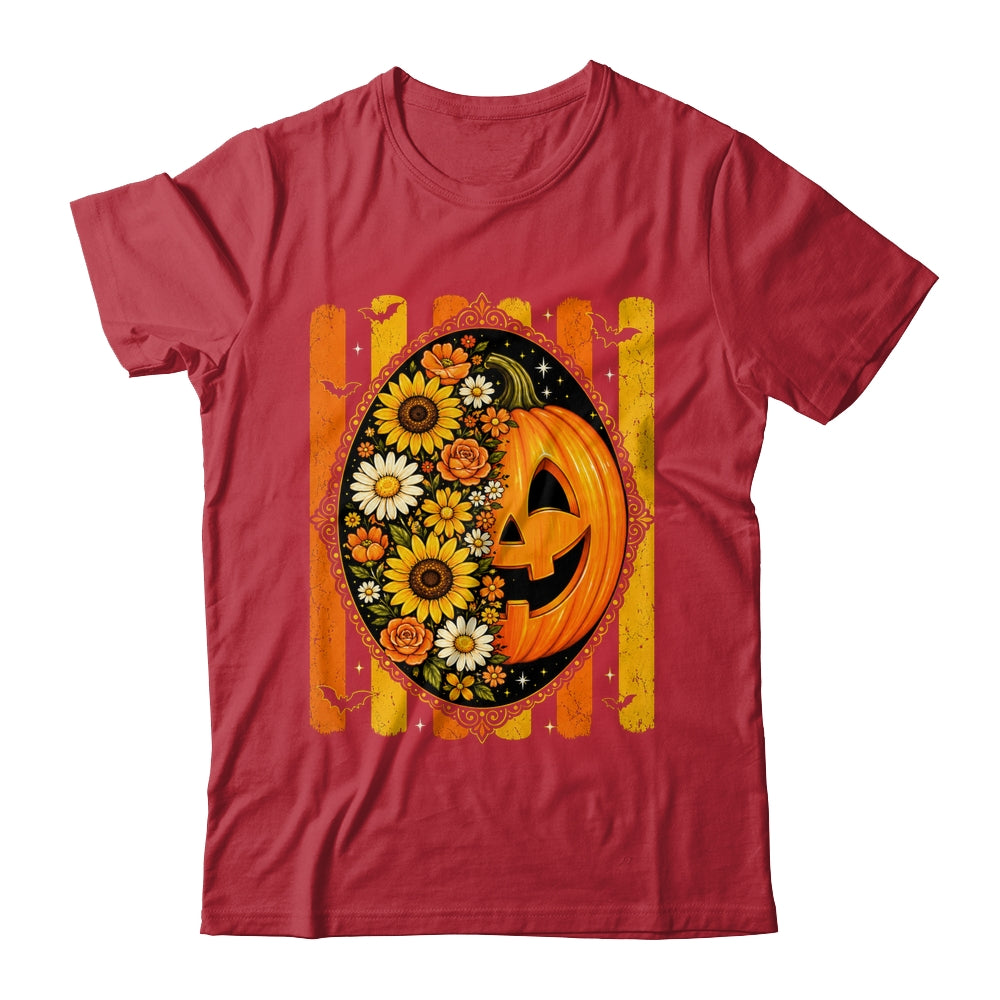 Preppy Pumpkin Floral Fall Autumn Design Striped Halloween Shirt & Sweatshirt | teecentury