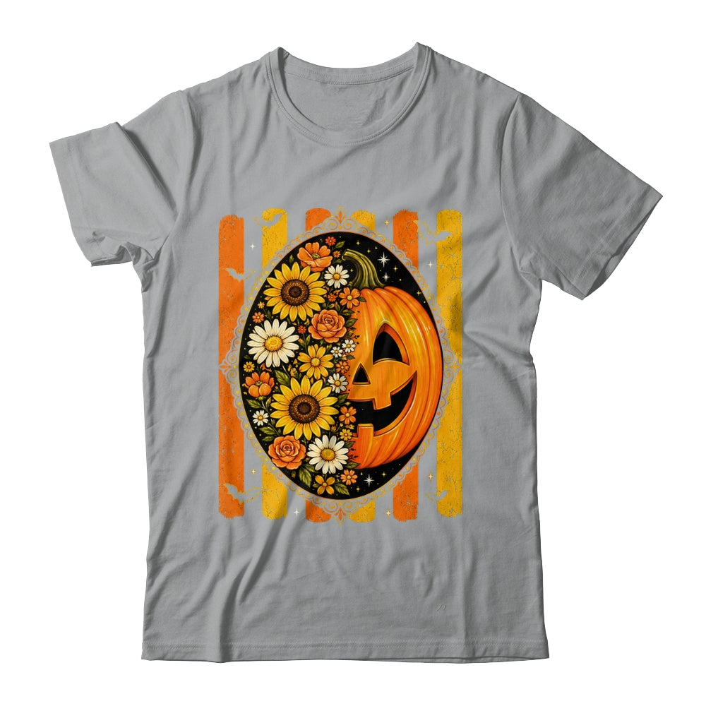 Preppy Pumpkin Floral Fall Autumn Design Striped Halloween Shirt & Sweatshirt | teecentury