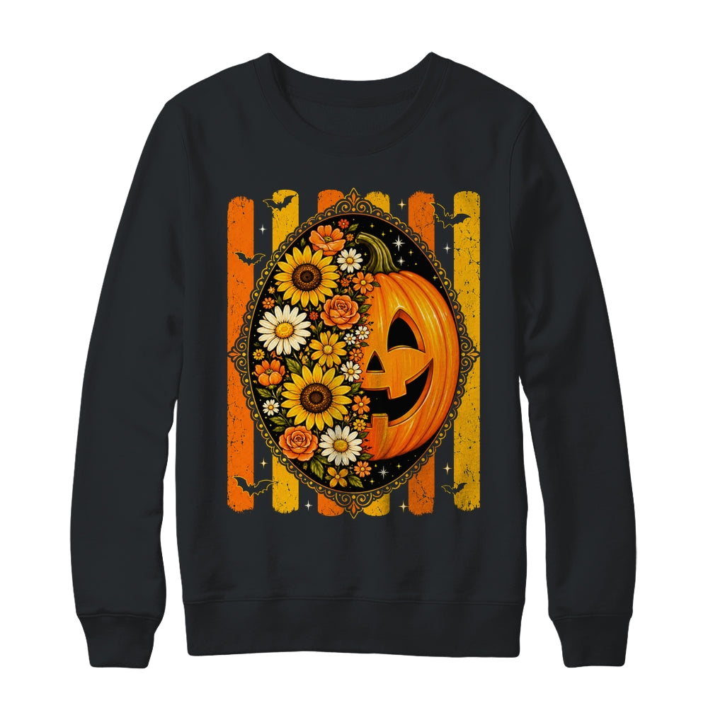 Preppy Pumpkin Floral Fall Autumn Design Striped Halloween Shirt & Sweatshirt | teecentury