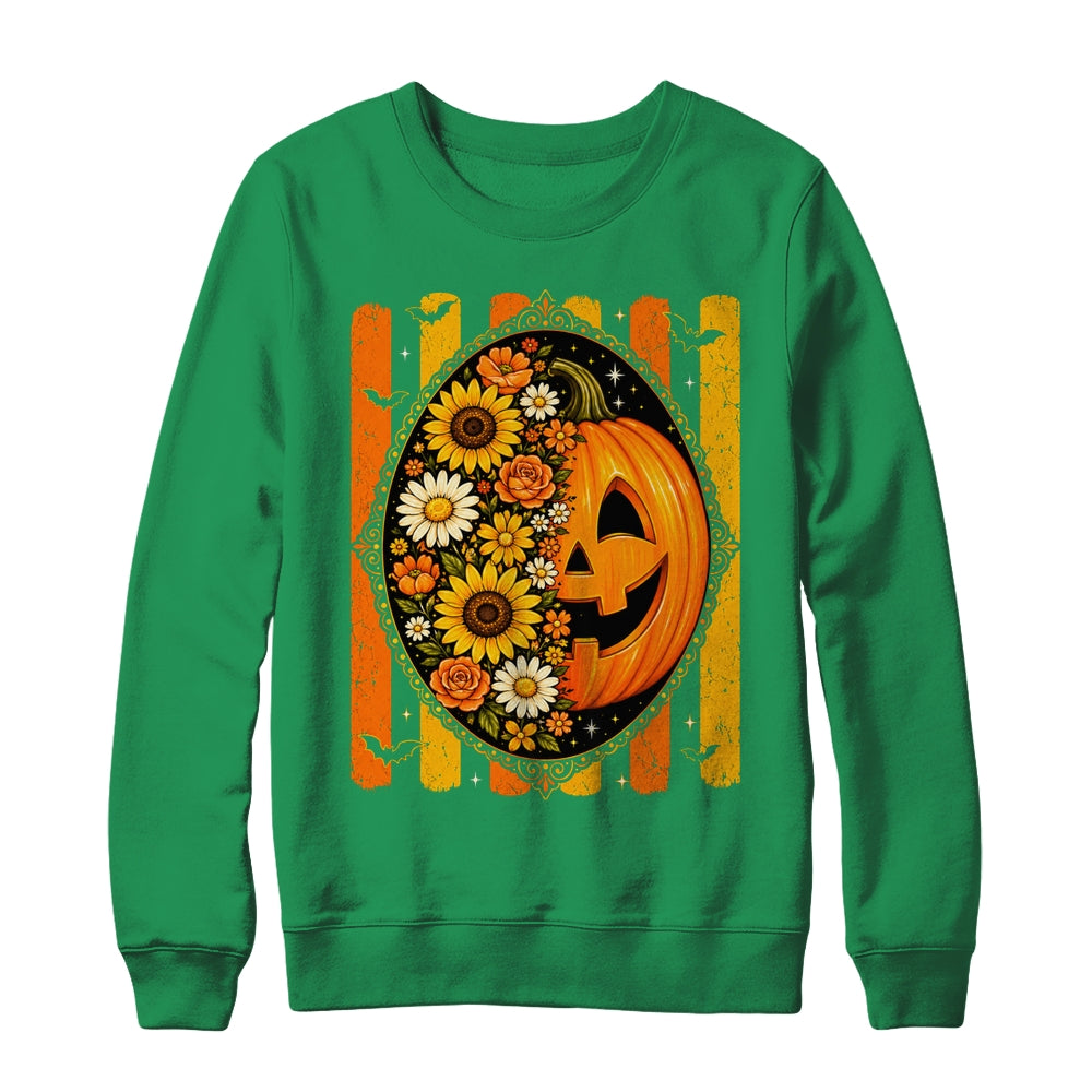 Preppy Pumpkin Floral Fall Autumn Design Striped Halloween Shirt & Sweatshirt | teecentury