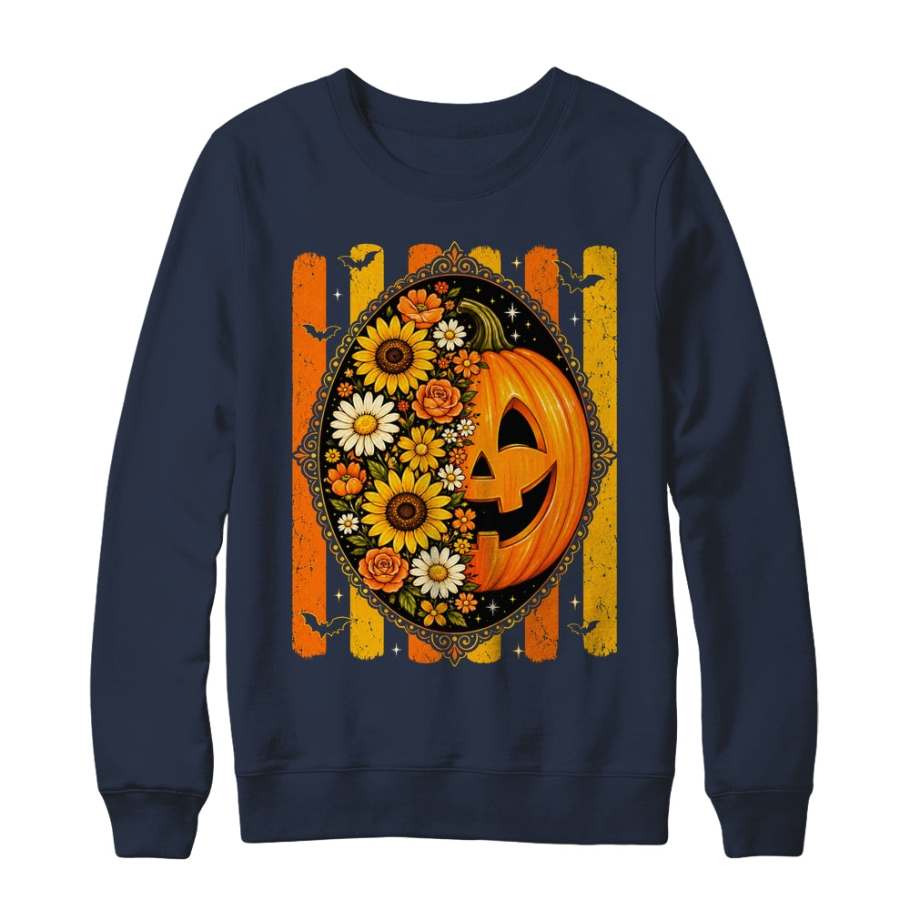 Preppy Pumpkin Floral Fall Autumn Design Striped Halloween Shirt & Sweatshirt | teecentury