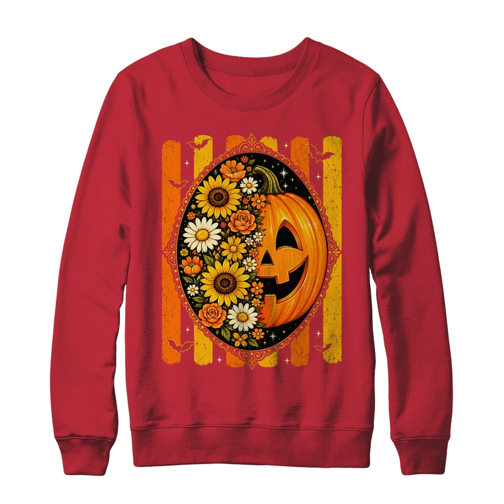 Preppy Pumpkin Floral Fall Autumn Design Striped Halloween Shirt & Sweatshirt | teecentury
