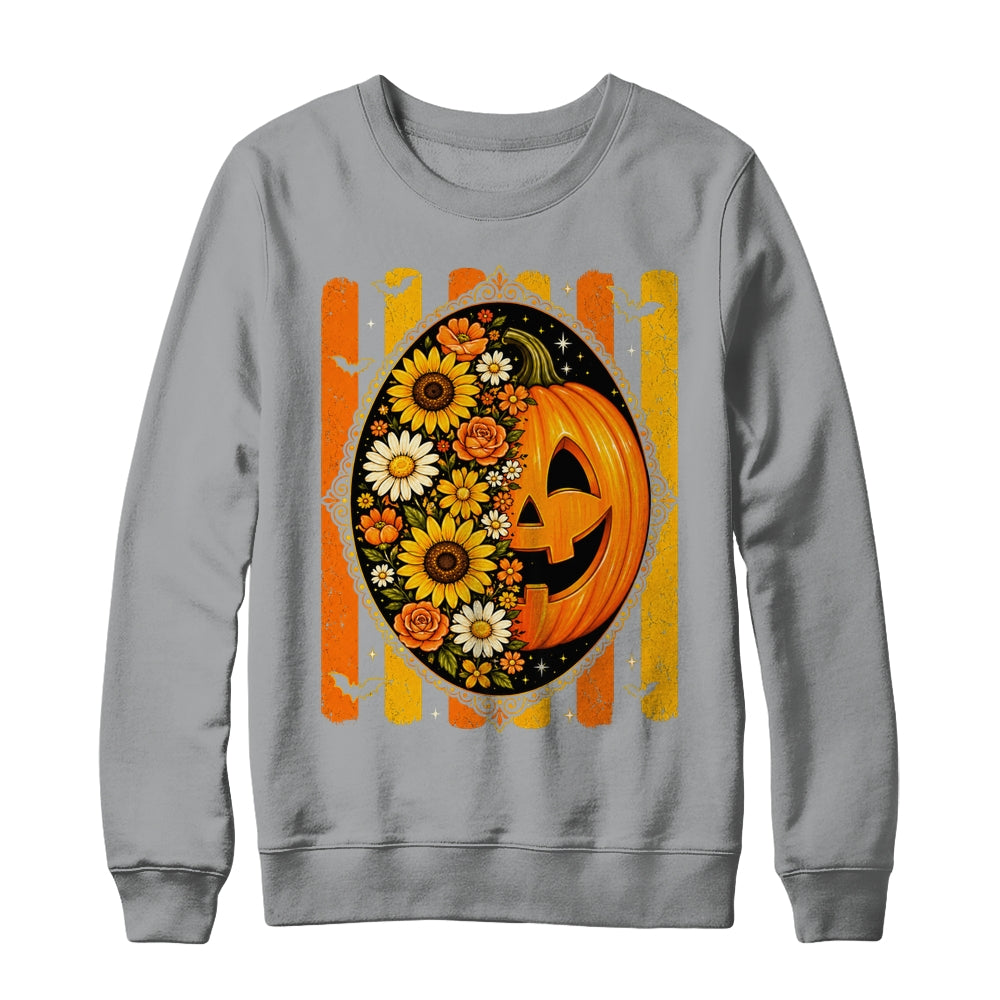 Preppy Pumpkin Floral Fall Autumn Design Striped Halloween Shirt & Sweatshirt | teecentury