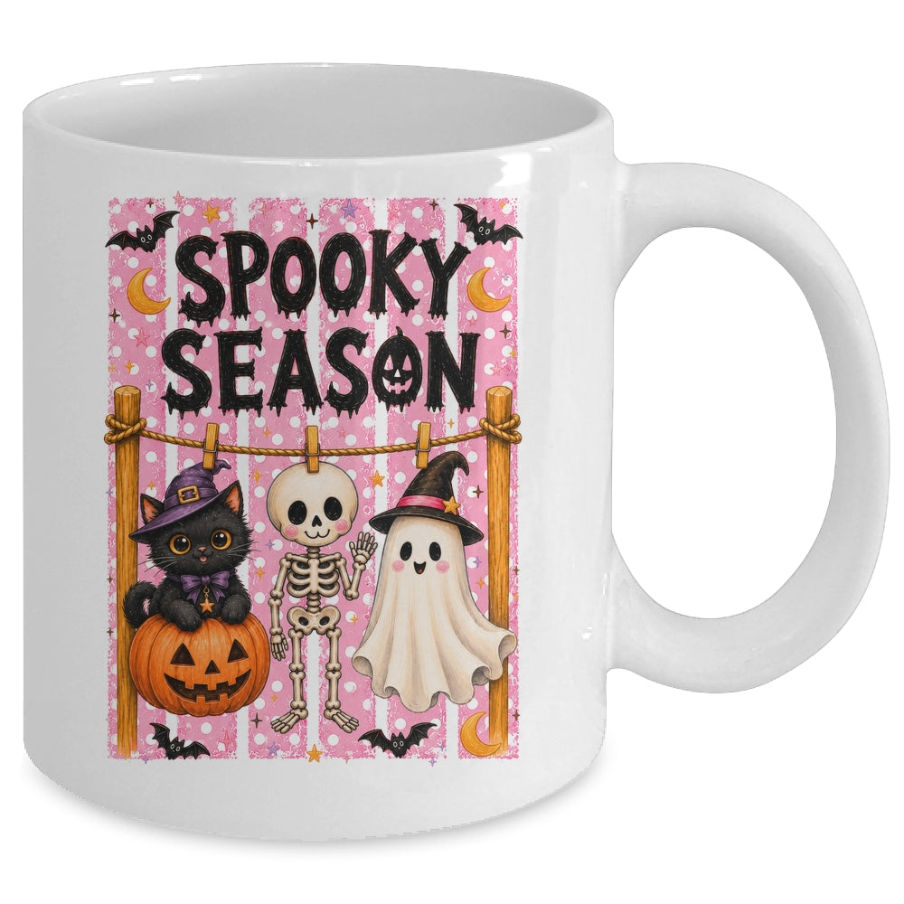 Preppy Spooky Season Coquette Skeleton Ghost Cat Halloween Mug | teecentury