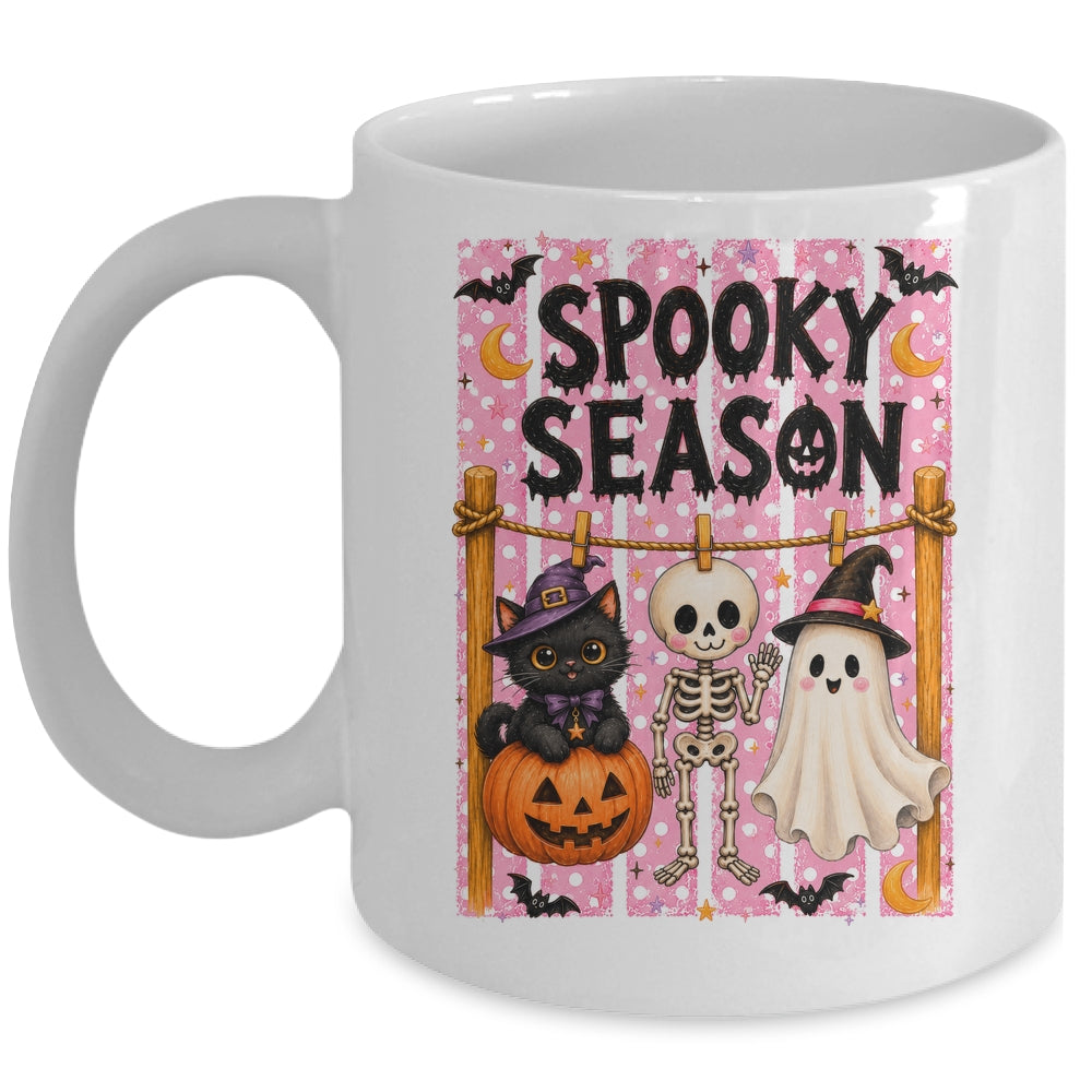 Preppy Spooky Season Coquette Skeleton Ghost Cat Halloween Mug | teecentury