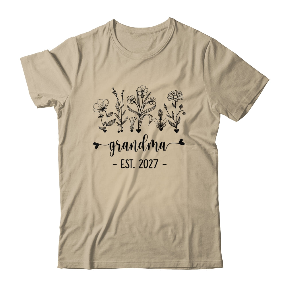 Promoted To Grandma Est 2027 Pregnancy Announcement Flower Shirt & Tank Top | teecentury