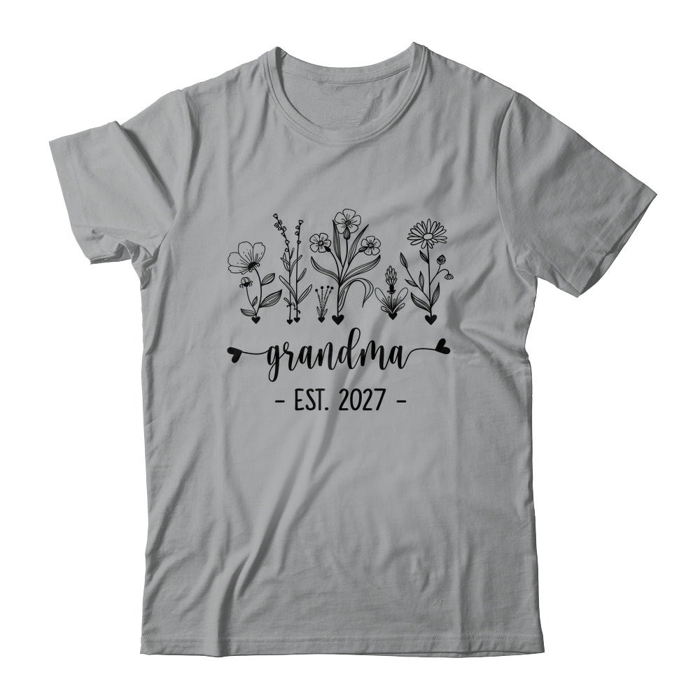 Promoted To Grandma Est 2027 Pregnancy Announcement Flower Shirt & Tank Top | teecentury