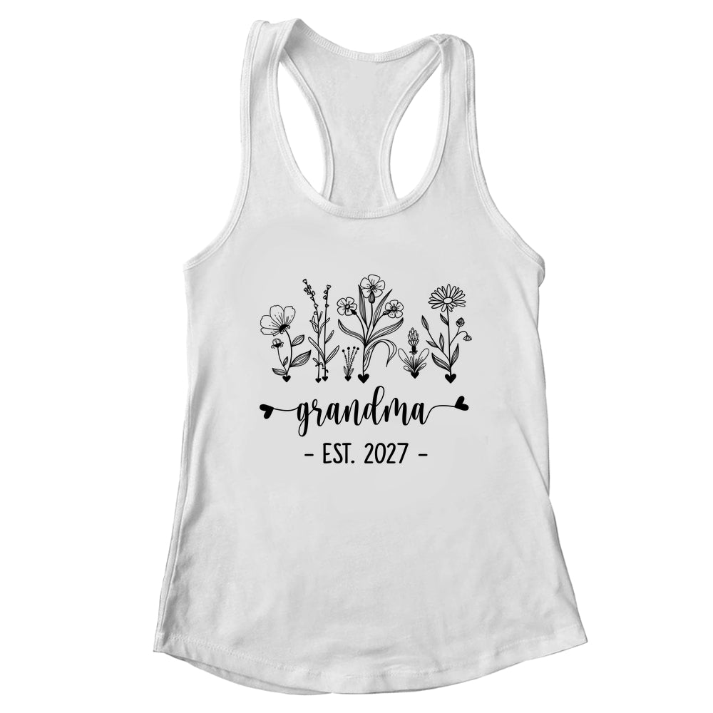 Promoted To Grandma Est 2027 Pregnancy Announcement Flower Shirt & Tank Top | teecentury