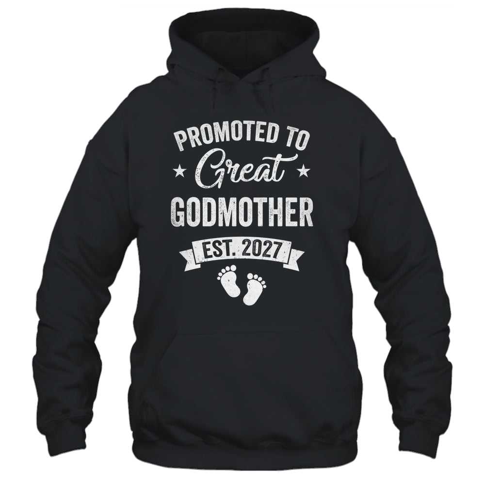 Promoted To Great Godmother Est 2027 Pregnancy Announcement Shirt & Tank Top | teecentury