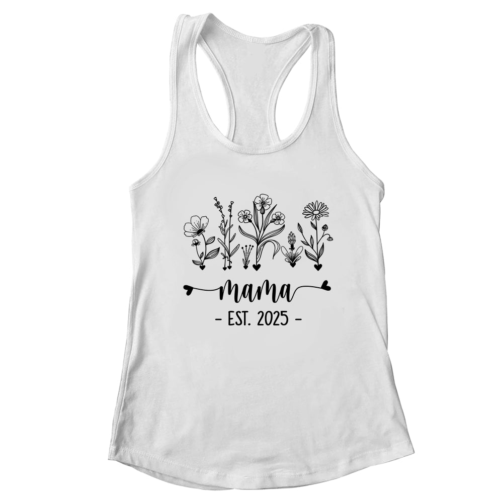 Promoted To Mama Est 2025 Pregnancy Announcement Flower Shirt & Tank Top | teecentury