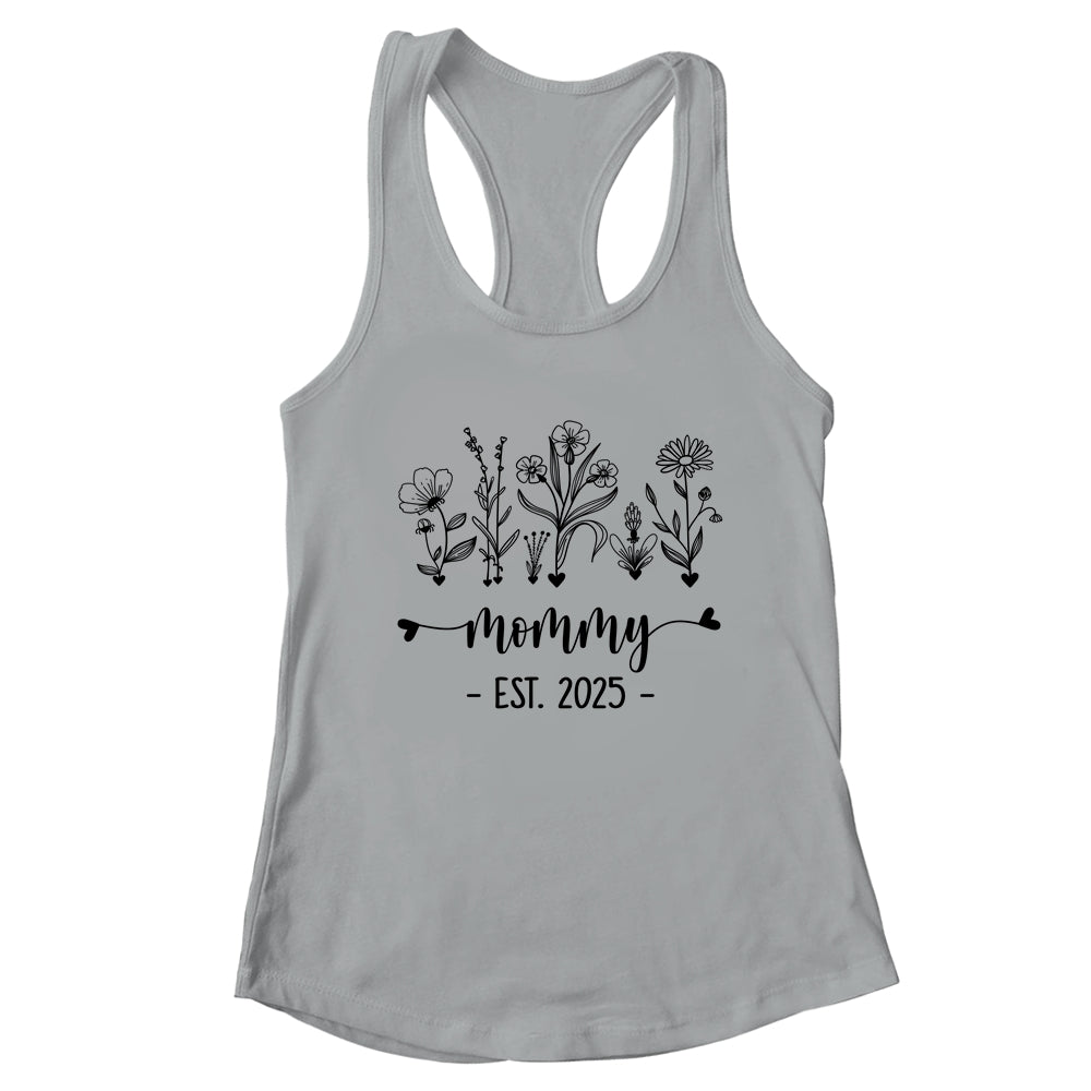 Promoted To Mommy Est 2025 Pregnancy Announcement Flower Shirt & Tank Top | teecentury