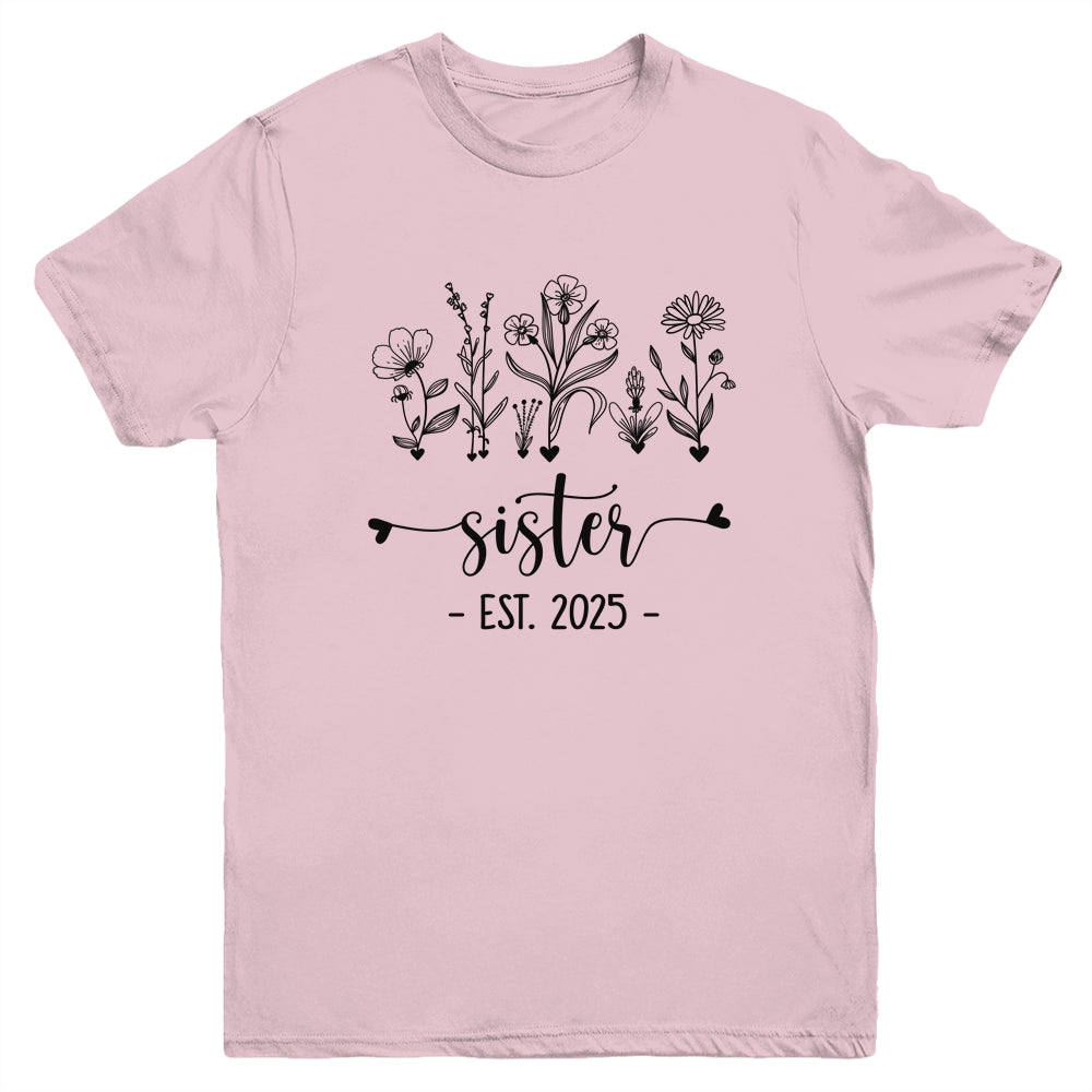 Promoted To Sister Est 2025 Pregnancy Announcement Flower Youth Shirt | teecentury