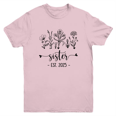 Promoted To Sister Est 2025 Pregnancy Announcement Flower Youth Shirt | teecentury