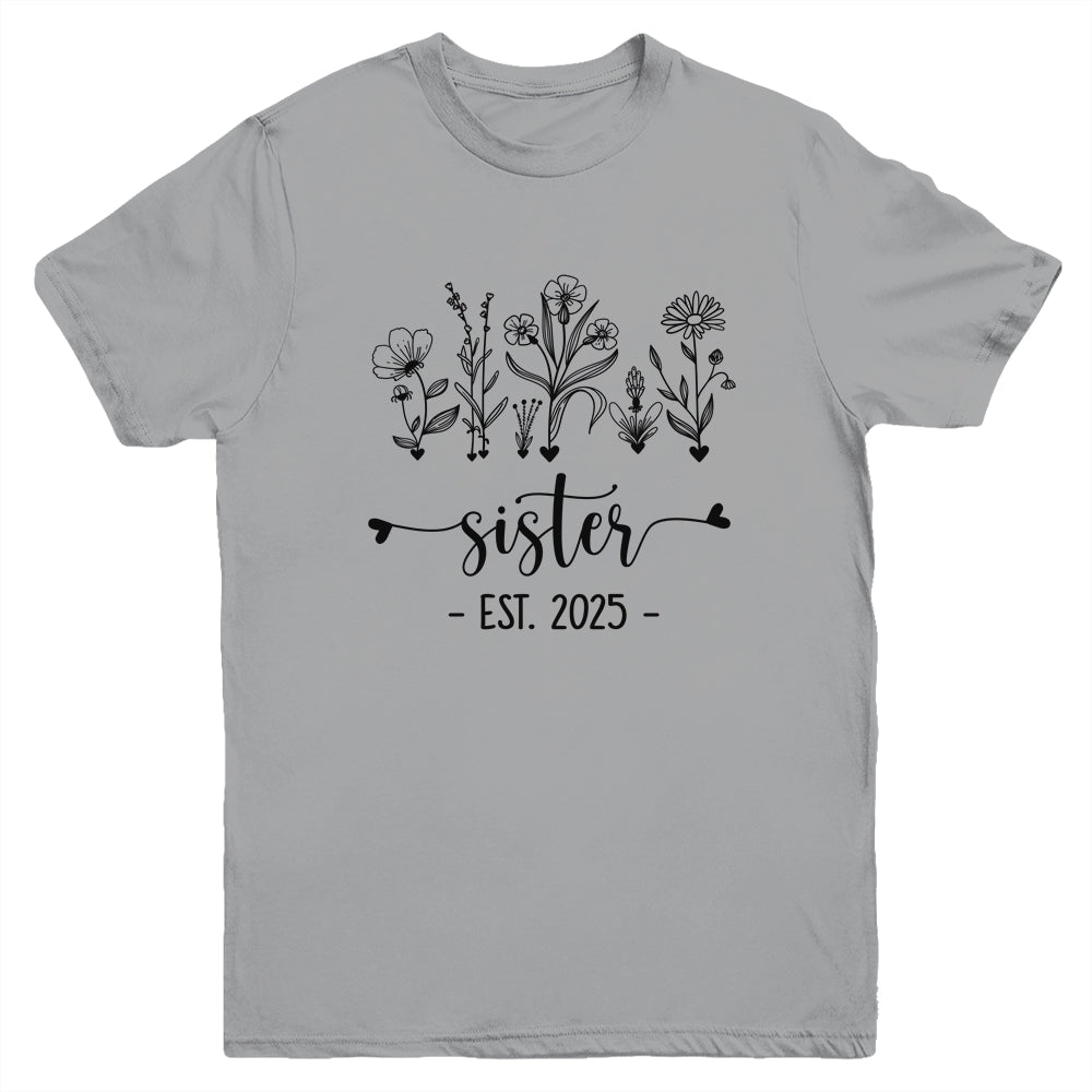 Promoted To Sister Est 2025 Pregnancy Announcement Flower Youth Shirt | teecentury