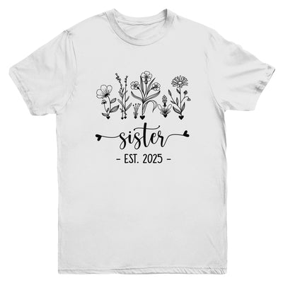Promoted To Sister Est 2025 Pregnancy Announcement Flower Youth Shirt | teecentury