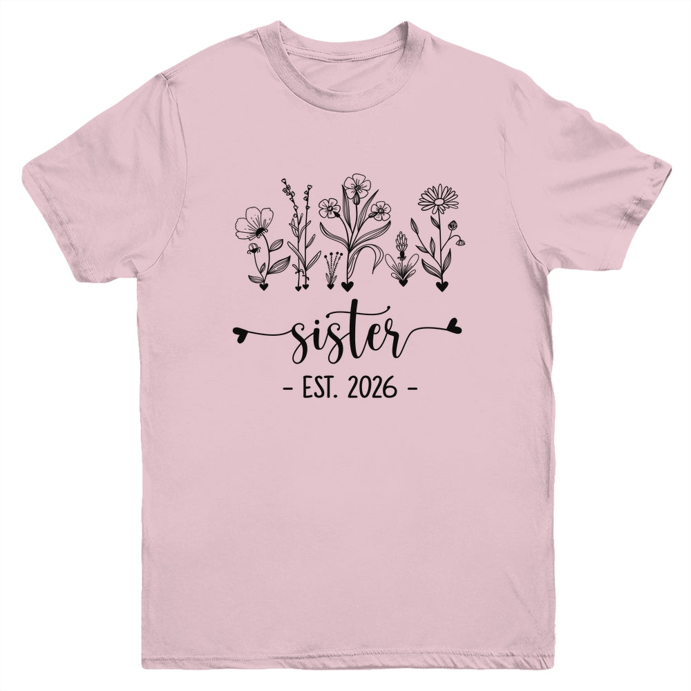 Promoted To Sister Est 2026 Pregnancy Announcement Flower Youth Shirt | teecentury