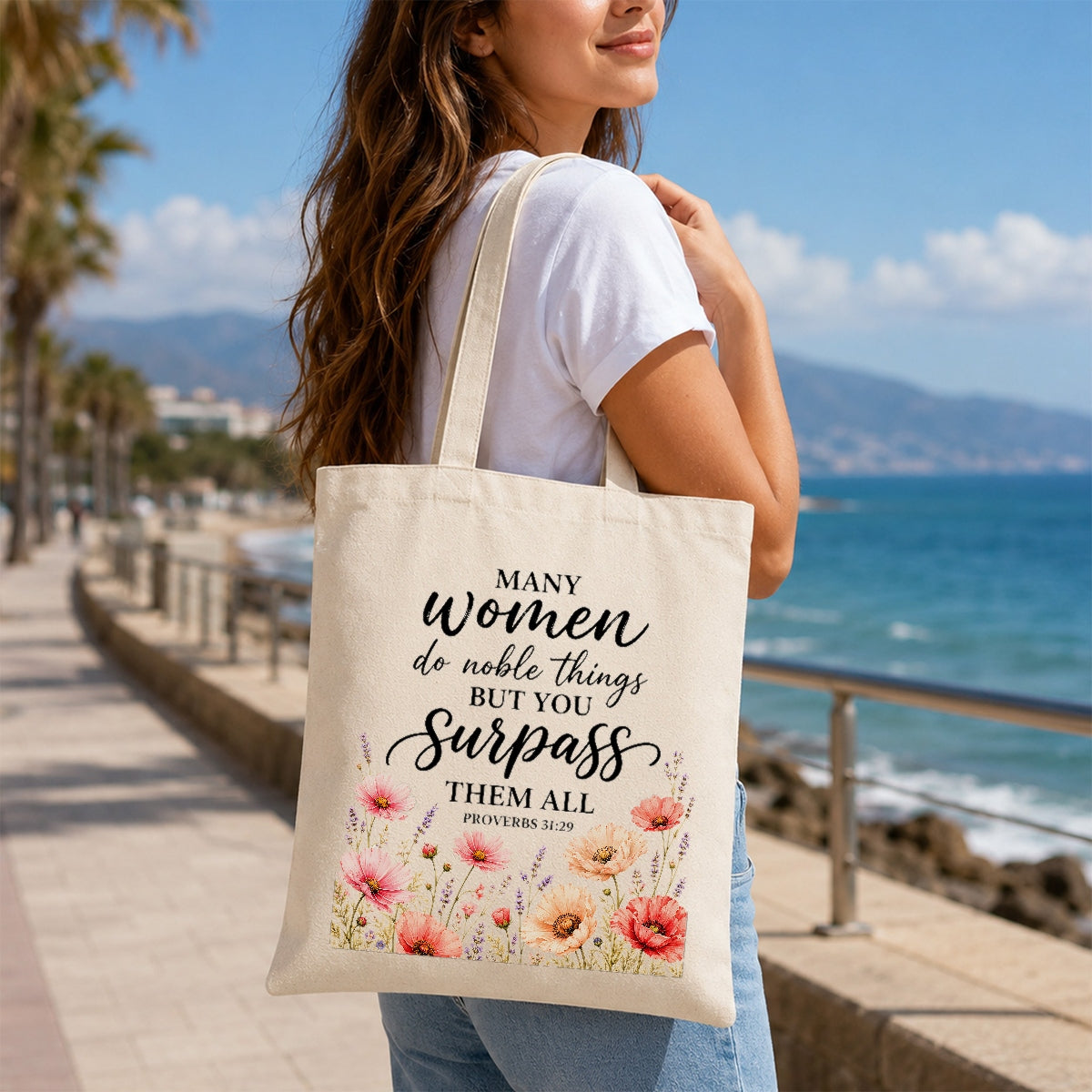Proverbs 31 29 Christian Tote Bag Many Women Do Noble Things But You Surpass Them All Floral Bible Verse Canvas Bag Faith Gift For Women Church Travel | teecentury