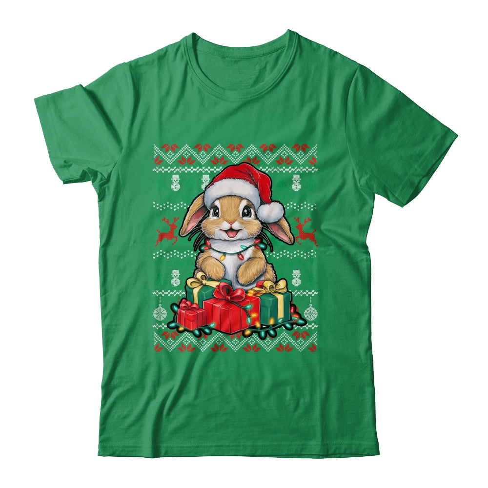 Rabbit Bunny Xmas Lights Santa Hat Bunny Ugly Christmas Shirt & Sweatshirt | teecentury